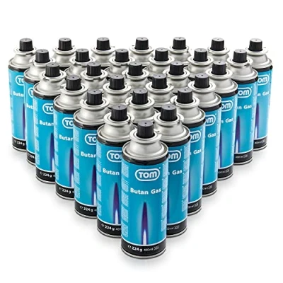 Abbildung von TOM 8 x, 12 x oder 28 Butangas Kartuschen 227 mit MSF 1A Bajonett Ventil Die Butan Gas sind ideal beim Camping für Campingkocher, Gaslampe &amp; Co. Unkrautbrenner, Flächenbrenner