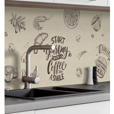 Abbildung von MyMaxxi Selbstklebende Küchenrückwand Folie ohne Bohren Motiv Menü Leinwand Beige Schwarz 60cm hoch Klebefolie Wandbild Küche Wand Deko Illustration Speisen und Getränke 400 x