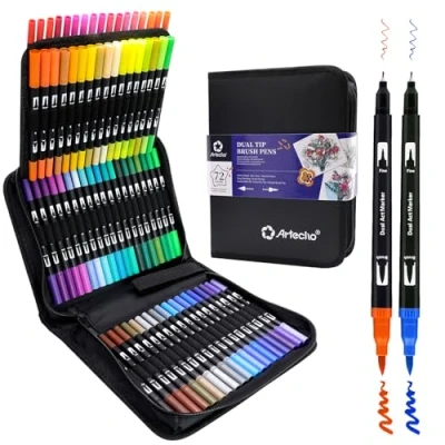 Abbildung von Artecho Dual Brush Pen Set 72 Farben mit Schwarzer Tragetasche, Filzstifte Dicke und Dünne, Pinselstifte set, Stifte für Bullet journal, Kalligraphie, Manga, Malbücher Handlettering
