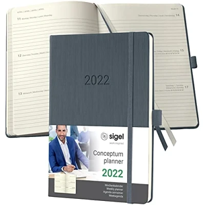 Abbildung von SIGEL C2266 Terminplaner Wochenkalender 2022 ca. A5 grau Hardcover 192 Seiten Gummiband, Stiftschlaufe, Archivtasche PEFC zertifiziert Conceptum
