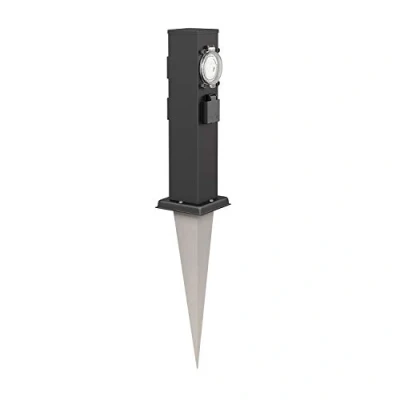 Abbildung von ledscom.de Garten Steckdosen Säule Polly mit Erdspieß für außen, IP44, 3 Fach Timer/Zeitschaltuhr, Edelstahl, eckig, schwarz, 38cm