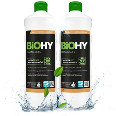 Abbildung von BiOHY Flüssig Seife (2 x 1 liter) + Pumpspender Hautschonende, rückfettende &amp; flüssige Handseife PHOSPHATFREI geruchsneutrale Hygiene auch für das Gesicht geeignet ohne Parfüm Farbstoffe