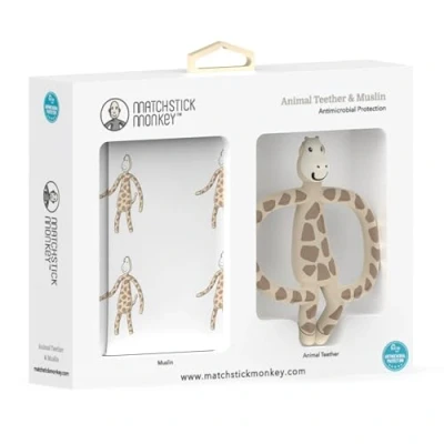 Abbildung von Matchstick Monkey Geschenkset Tier Beißring/Zahnungshilfe aus Silikon Gigi Giraffe &amp; Musselin Tuch/Bio Baumwolle Spucktuch/ideal zum Abwischen Reinigen oder Abdecken von Babys (Gigi Giraffe)