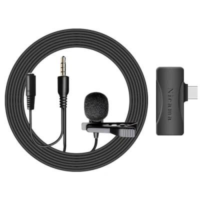 Abbildung von USB C Lavalier Ansteckmikrofon mit Kopfhörer Monitoring Input, Nicama LVM4 Type Anstecken Mikrofon für Apple iPhone 15, iPad, Android Smartphones/Tablets