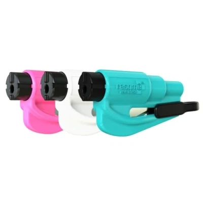 Abbildung von Resqme Family 3er Pack, das Originale Notfall Schlüsselanhänger Autoflucht Werkzeug, 2 in 1 Sicherheitsgurtschneider und Fensterbrecher, Rosa, Weiß, Blaugrün