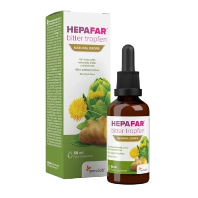 Abbildung von Hepafar BitterTropfen Cholin, Artischocke, Kurkuma, Löwenzahn, Lavandinblüten 50 ml für 25 Tage 15 Kräuter, Natürliche Verdauungsbittertropfen Ohne Alkohol Sensilab