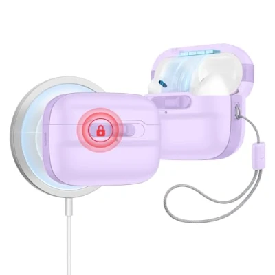 Abbildung von ESR für AirPods Pro 2./1. Generation Hülle (2023/2022/2019) mit HaloLock, MagSafe Ready, Magnetische Deckelverriegelung (USB C/Lightning Kabel), Sturzschutz Trageband, Pulse Serie, Lila