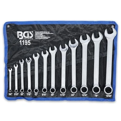Abbildung von BGS 1195 Maul Ringschlüssel Satz 12 tlg. Zollgrößen SW 1/4&quot; 15/16&quot; inkl. Tetron Rolltasche Gabelringschlüssel