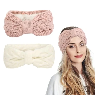 Abbildung von 2 Stück Stirnband Damen Winter, Stirnbänder Strick, Haarband Ohrenwärmer Elastische Kopfband Gestrickte Headband Frauen Haarreifen Strick Headwrap für Sport, Einkaufen, Laufen