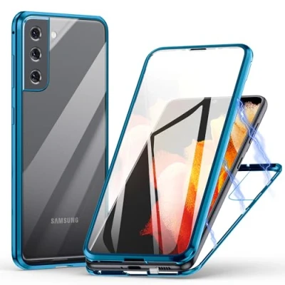 Abbildung von Hülle für Samsung Galaxy S22 5G, Magnetische Adsorption Handyhülle 360 Grad Schutz Aluminiumrahmen mit Gehärtetes Glas, Starke Magneten Stoßfest Metall Flip Case Cover Blau