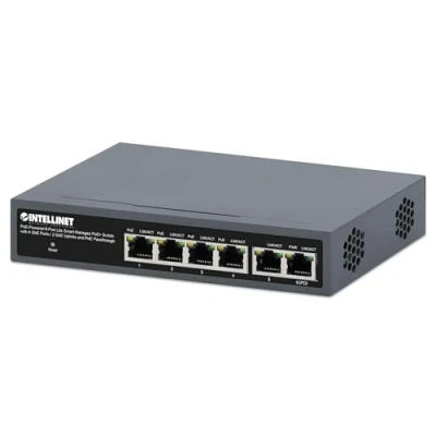 Abbildung von Intellinet POE Powered 6 Port Managed Gigabit Ethernet Switch mit Passthrough 2 GB Uplink Ports, 60 W Power Budget über AC oder PD, 30 pro Port, Smart Management, 3 Jahre Mfg