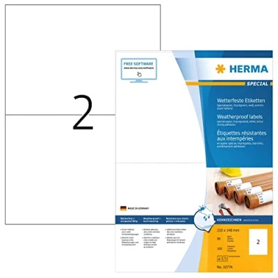 Abbildung von HERMA 10774 Wetterfeste Etiketten imprägniert, 80 Blatt, 210 x 148 mm, 2 Stück pro A4 Bogen, 160 Aufkleber, selbstklebend, bedruckbar, matt, blanko Outdoor Klebeetiketten aus Spezialpapier, weiß