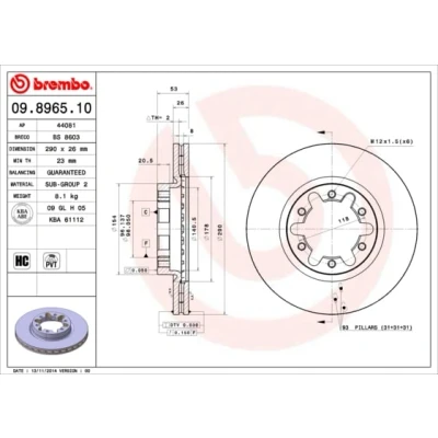 Abbildung von BREMBO 09.8965.10 Bremsscheibe 290 26 6 innenbelüftet hochgekohlt NISSAN: NT400 Cabstar, ATLEON, Cabstar