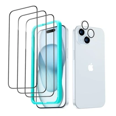 Abbildung von ESR für iPhone 15 Plus Panzerglas, 3 Displayschutzfolien aus gehärtetem Glas und 1 Set einzelner Kamera Schutzfolien, 2,5D gebogene Kanten, vollständiger Militärnorm Schutz, kratzfest