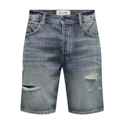 Abbildung von ONLY &amp; SONS Herren Shorts Denim Midi Bermuda Mid Waist Pants Baumwolle Five Poket Hose, Farben:Dunkelblau, Größe:XS