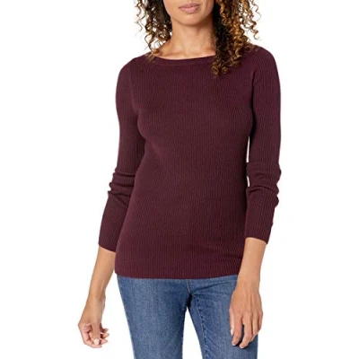 Abbildung von Amazon Essentials Damen Leichter, Gerippter Langarm Pullover mit U Boot Ausschnitt in schmaler Passform, Burgunderrot, XL