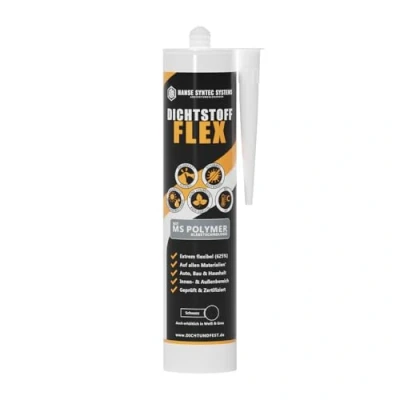 Abbildung von HSS Dichtstoff FLEX, MS Polymer, Dichtstoff, Fugendichtstoff, Innen und Außen, alle Materialien, UV witterungsbeständig, ohne Silikon, 625% Dehnfähigkeit, Wohnwagenabdichtung (Schwarz, 290ml)