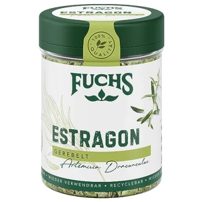 Abbildung von Fuchs Gewürze Estragon gerebelt französisches Kraut zur Verfeinerung von Salaten, Sauce Hollandaise oder Rührei natürliche Zutaten 10 g in wiederverwendbarer, recyclebarer Dose