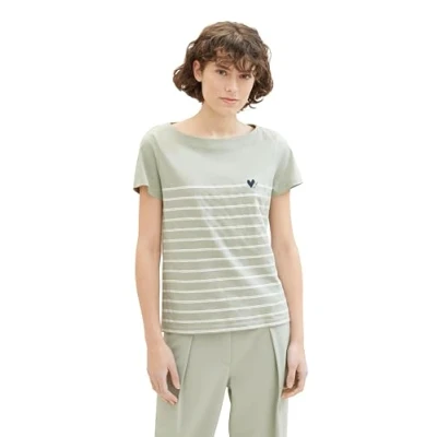 Abbildung von TOM Tailor Gestreiftes Ubootausschnitt Tshirt print, Damen, Größe: Large, Desert green
