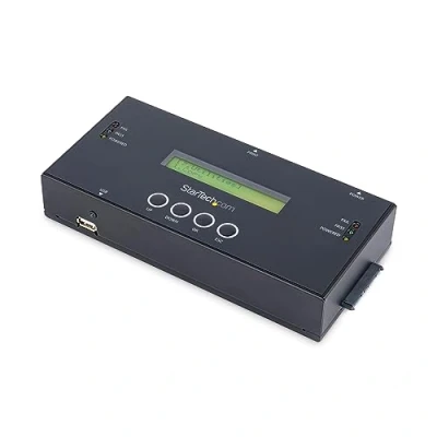 Abbildung von StarTech.com 1:1 Selbständige Festplatten Klonstation und Löscher, SAS SATA HDD/SSD Kloner/Kopierer, Laufwerk Löschgerät, LCD Bildschirm, TAA Konform (SATSASDUPE11)