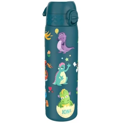 Abbildung von Ion8 Stahl Trinkflasche, 600 ml, Auslaufsicher, Einhandöffnung, Sichere Verriegelung, Spülmaschinenfest, Klappdeckel, Tragegriff, Leicht zu Reinigen, Langlebig, Drache Design