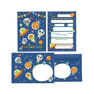 Abbildung von 12 Einladungskarten incl. Umschläge zum Kindergeburtstag Jungen Mädchen Astronautenparty Weltall Geburtstagseinladungen