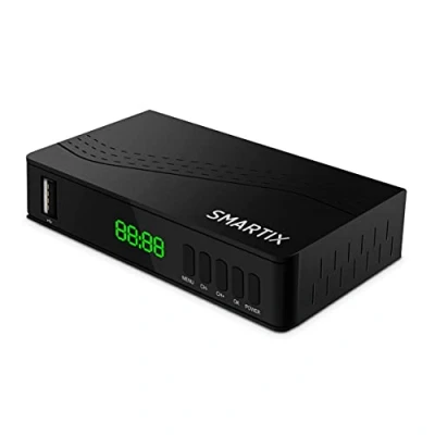 Abbildung von Atlantis SMARTIX DH17 Terrestrischer Digitaler Decoder DVB T2 HEVC H.265 mpeg2/mpeg4 H264 Media Player USB Anschluss. HDMI und SCART Fernbedienung Learning, Main 10, Schwarz