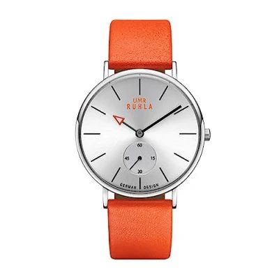 Abbildung von UMR RUHLA Armbanduhr, Quarz, analog, Lederarmband, Edelstahlgehäuse, wasserdicht bis 3 bar, Farbe:Orange