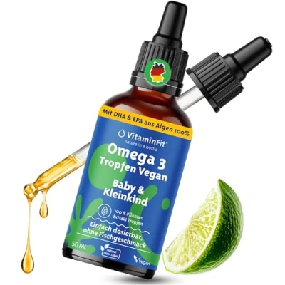 Abbildung von VitaminFit Omega 3 Baby &amp; Kleinkind Tropfen 100% Pflanzlich Fischfrei Algenöl mit DHA EPA Für Gehirn , Seh Herzgesundheit Ohne Zusatzstoffe 50 ml