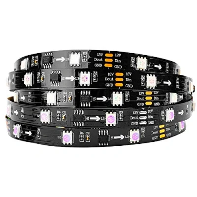 Abbildung von BTF LIGHTING WS2811 RGB adressierbare Traum Farbe LED Streifen 5m 30LEDs/m 10Pixels/m 150LEDs 50Pixels IP30 Spritzwassergeschützt Schwarz PCB Flexibel DC12V Lauflicht Effekt für Heimdekoration