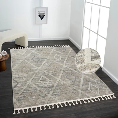 Abbildung von my home Teppich &quot;Otilie&quot;, rechteckig, 11 mm Höhe, dichte Qualität, Woll Look, Boho, mit Fransen und Rauten, Scandi