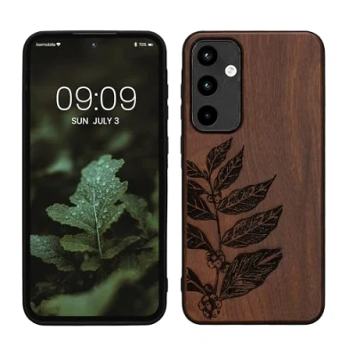 Abbildung von kwmobile Hülle kompatibel mit Samsung Galaxy A55 5G Holz Case Handy Cover TPU Handyhülle in Dunkelbraun Blätterzweig