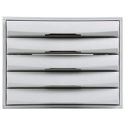 Abbildung von Exacompta 222040D Premium Ablagebox mit 5 geschlossenen Schubladen für DIN A4+ Dokumente. Belastbare Schubladenbox hoher Kapazität mehr Platz auf dem Schreibtisch The Box lichtgrau