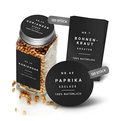 Abbildung von Homety® Gewürzetiketten selbstklebend (240 Stück) Aufkleber rund minimalistisch Gewürze Etiketten wasserfest Vorratsetiketten (schwarz)