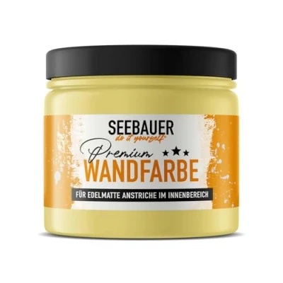 Abbildung von SEEBAUER diy Wandfarbe Gelb 300ML für Innen (No. 453 Sun Flower) Edelmatte sonnengelbe Innenfarbe Gelbtöne sehr hohe Deckkraft Matt, Abwaschbar und Tropffrei