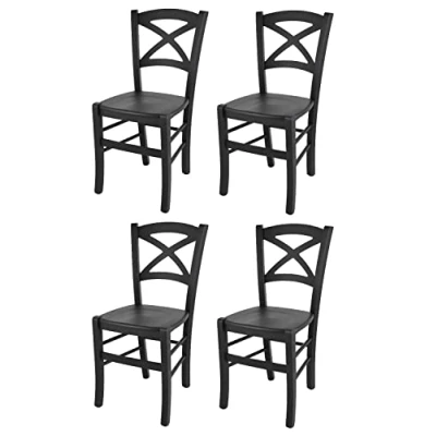 Abbildung von t m c s Tommychairs 4er Set Stühle Cross für Küche und Esszimmer, robuste Struktur aus lackiertem Buchenholz in Anilinfabre Schwarz Sitzfläche Holz
