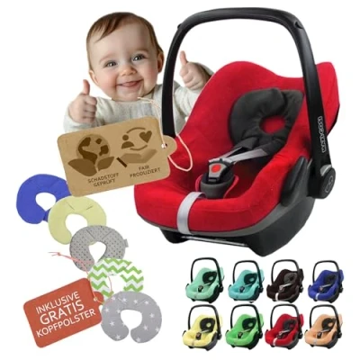 Abbildung von Frottee Sommerbezug [Schonbezug für Babyschale] Autositz kompatibel mit Maxi Cosi Pebble und Plus + GRATIS Kopfpolster (rot)
