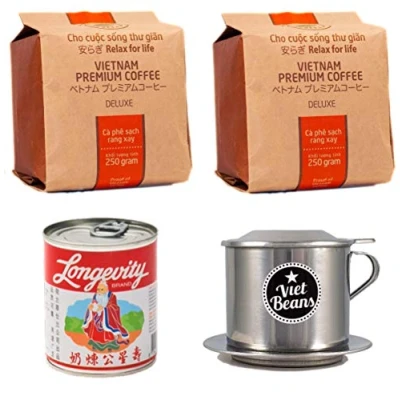 Abbildung von Vietnamesisches Kaffee Starterset Hello5 2 x 250g + Filter (Phin) gez. Kondensmilch Hochwertige Kaffeebohnen aus dem Hochland von Da Lat Vietnam