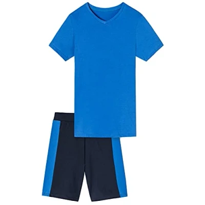 Abbildung von Jungen Schlafanzug kurz, weicher Single Jersey aus 100% Baumwolle und Hose in Bermuda Form blau Grösse 152