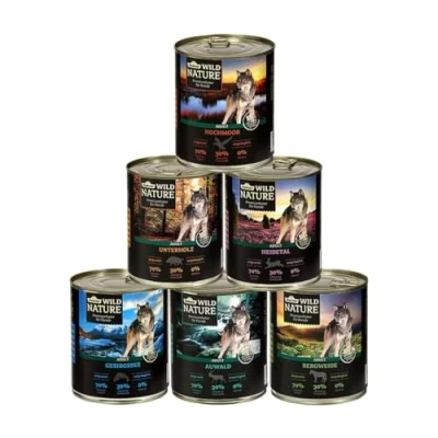 Abbildung von Dehner Wild Nature Hundefutter Probier Set, Nassfutter getreidefrei / zuckerfrei, für ausgewachsene Hunde, Ente Pferd Kaninchen, 6 x 800 g Dose (4.8 kg)