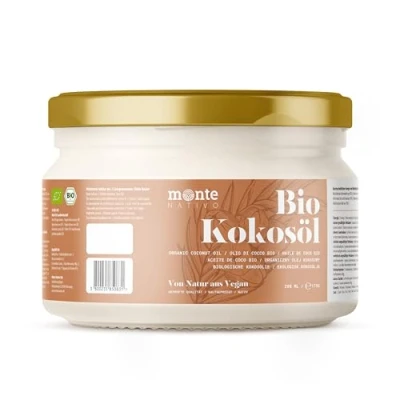 Abbildung von Bio Kokosöl MonteNativo 200ml Kokosfett, Kokosnussöl, Premium, Nativ und Naturrein, 1. Kaltpressung, Rohkostqualität zum Kochen, Braten Backen, für Haare Haut