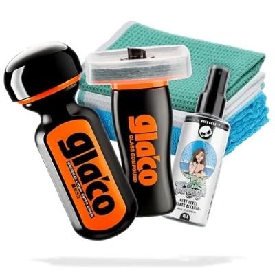 Abbildung von Detailmate Auto Scheiben Politur &amp; Versiegelung Set: Soft99 Ultra Glaco Glasversiegelung 70ml + Glasreiniger 2x Glas Mikrofasertuch Poliertuch Scheibenversieglung mit Lotuseffekt bis zu 6 Monate