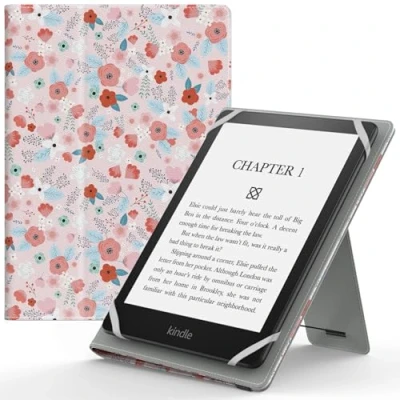 Abbildung von MoKo Universal Hülle für 6 6,8 7 Zoll Schutzhülle mit Handschlaufe &amp; Verstellbarem Ständer Kobo Clara 2E/Fire Tablet/Kindle/Kobo/Voyaga/Lenovo/Sony Kindle eBooks E Reader Tablet, Frühlingsrosa
