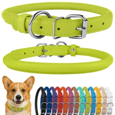 Abbildung von CollarDirect Rundes Leder Hundehalsband, weich gepolstert gerollt, handgefertigtes Echtleder Halsband für Hund Welpe Katze Klein Groß Schwarz Rosa Rot Lila Blau