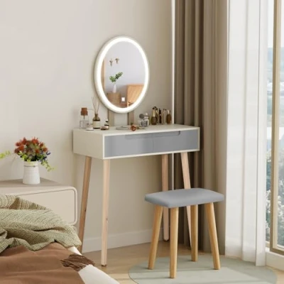 Abbildung von YU YUSING Schminktisch mit Beleuchtung Spiegel,Frisiertisch Schubladen, Kosmetiktisch gepolstertem Hocker, Kommode Make up Tisch, Tisch für Frau, Modern（Oval）