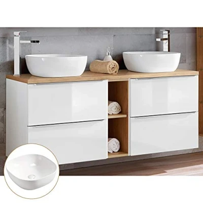 Abbildung von Lomadox Doppel Waschtisch Set, Unterschrank Hochglanz weiß Wotaneiche, 2 Keramik Waschbecken, 4 Softclose Schubkästen, Regal, B/H/T ca.: 141/74,5/46 cm