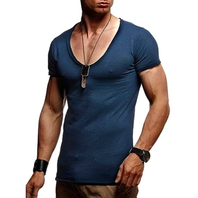 Abbildung von Leif Nelson regular Fit Sommer T Shirt Herren V Ausschnitt (gew. blau, Größe S) Coole Tshirts lang mit Neck aus Baumwolle Casual Basic Shirts für Männer kurzarm tiefem
