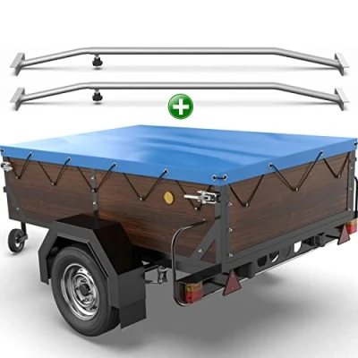 Abbildung von Tarpofix® Anhängerplane 150x115 cm + 2x Planenbügel Anhänger Plane Flachplane aus PVC PLANENMATERIAL Verstärkte HP DDR für diverse PKW Hänger Abdeckplane Flachplanenbügel