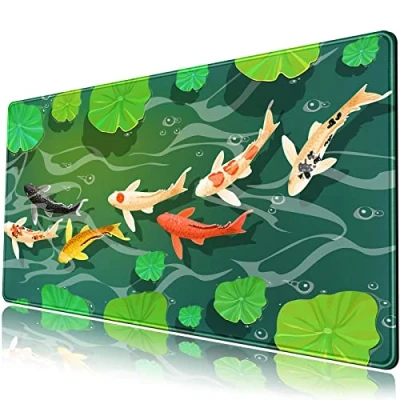Abbildung von Koi Fisch Design Schreibtischmatte, großes grünes Gaming Mauspad, komplett erweitert für Schreibtisch, Laptop und Tastaturmatte im japanischen Stil, 80 x 40 cm, XL, rutschfeste Gummibasis mit