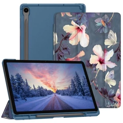Abbildung von Fintie Hülle für Samsung Galaxy Tab S9 FE 10.9 Zoll/Tablet 11 Zoll 2023 mit Stifthalter, Ultradünn Schutzhülle Translucent Rückseite Cover und Auto Schlaf/Wach Funktion, Blühender Hibiskus
